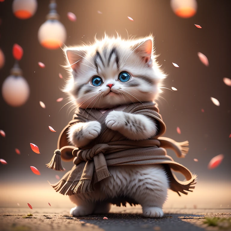 highest quality,Very detailed,Realistic,photoRealistic:1.37),真っ白な空手着を着た毛むくじゃらのCat,Adorable,soft,fuzzy,Playful,Expressive blue eyes,small, rounded body,Small feet、He is doing a straight punch with his hand extended.,Vibrant colors,Warm lighting,、Cat、Are standing、