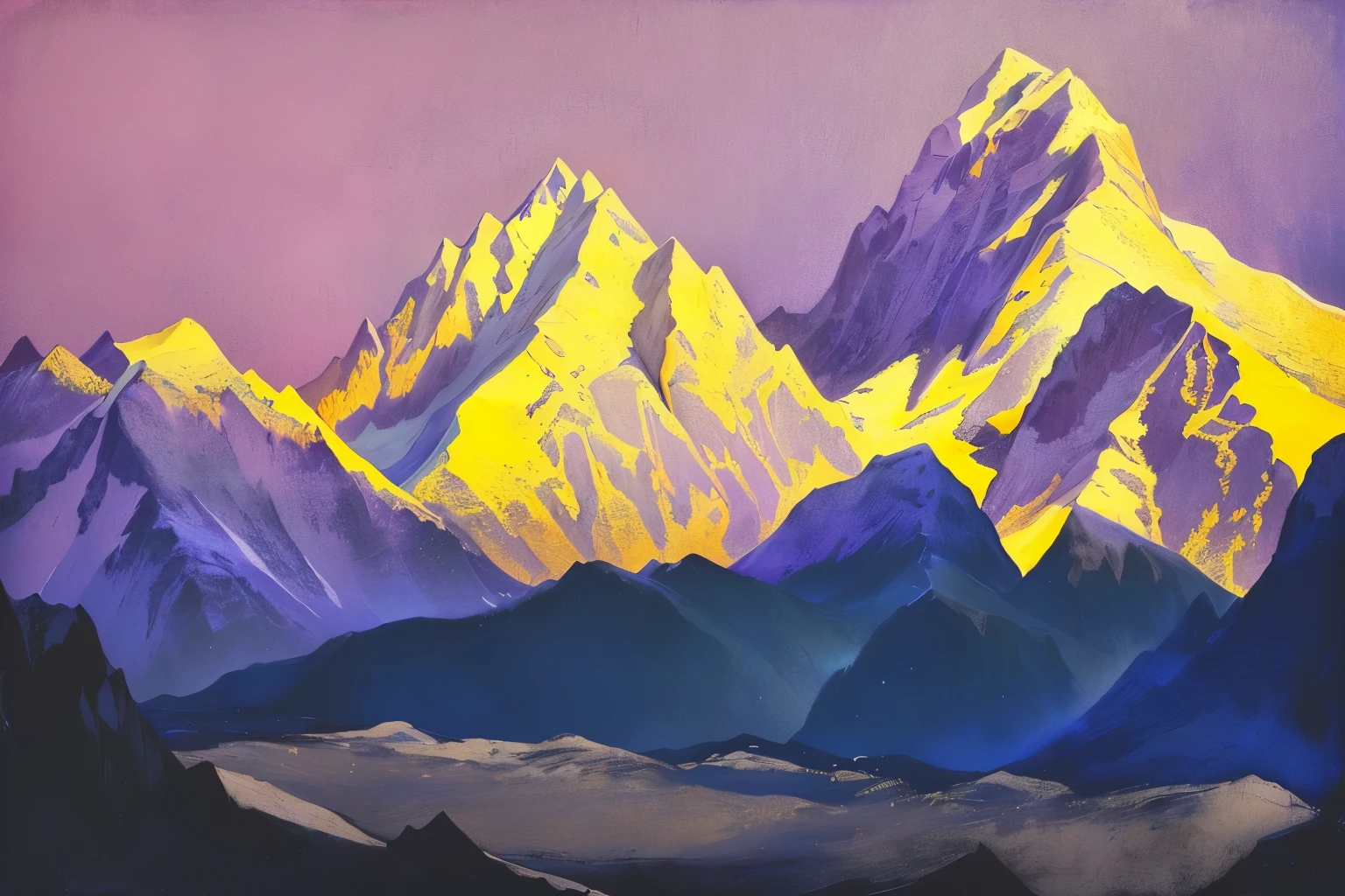 painting of a mountain range with a purple sky and yellow light, by Nicholas Roerich, inspired by Nicholas Roerich, inspired by Svetoslav Roerich, by Svetoslav Roerich, nicholas roerich!!, inspired by Rockwell Kent, inspired by Paul Henry, violet and yellow sunset, by Rockwell Kent, mountains, by Paul Henry, frantisek kupka