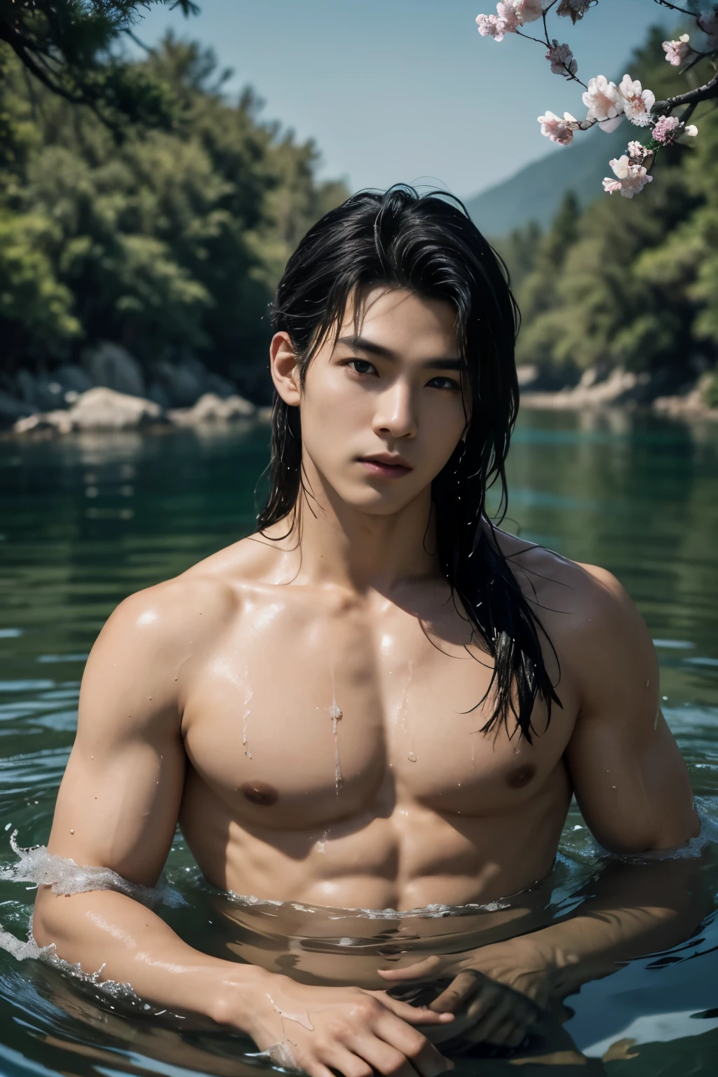 1 boy, Young male, Detailed eyes and faces, Perfect male body, eye looking to camera, (long hair, half body inside water, Topless, bathe in water, wet hair and body),portrait, Chinese clothing, China Landscape, Outdoor, peach blossoms, pine trees, lake, color difference, Depth of field, dramatic shadow, Ray tracing, Best quality, Cinematic lighting, Extremely detailed CG, 8k wallpaper,