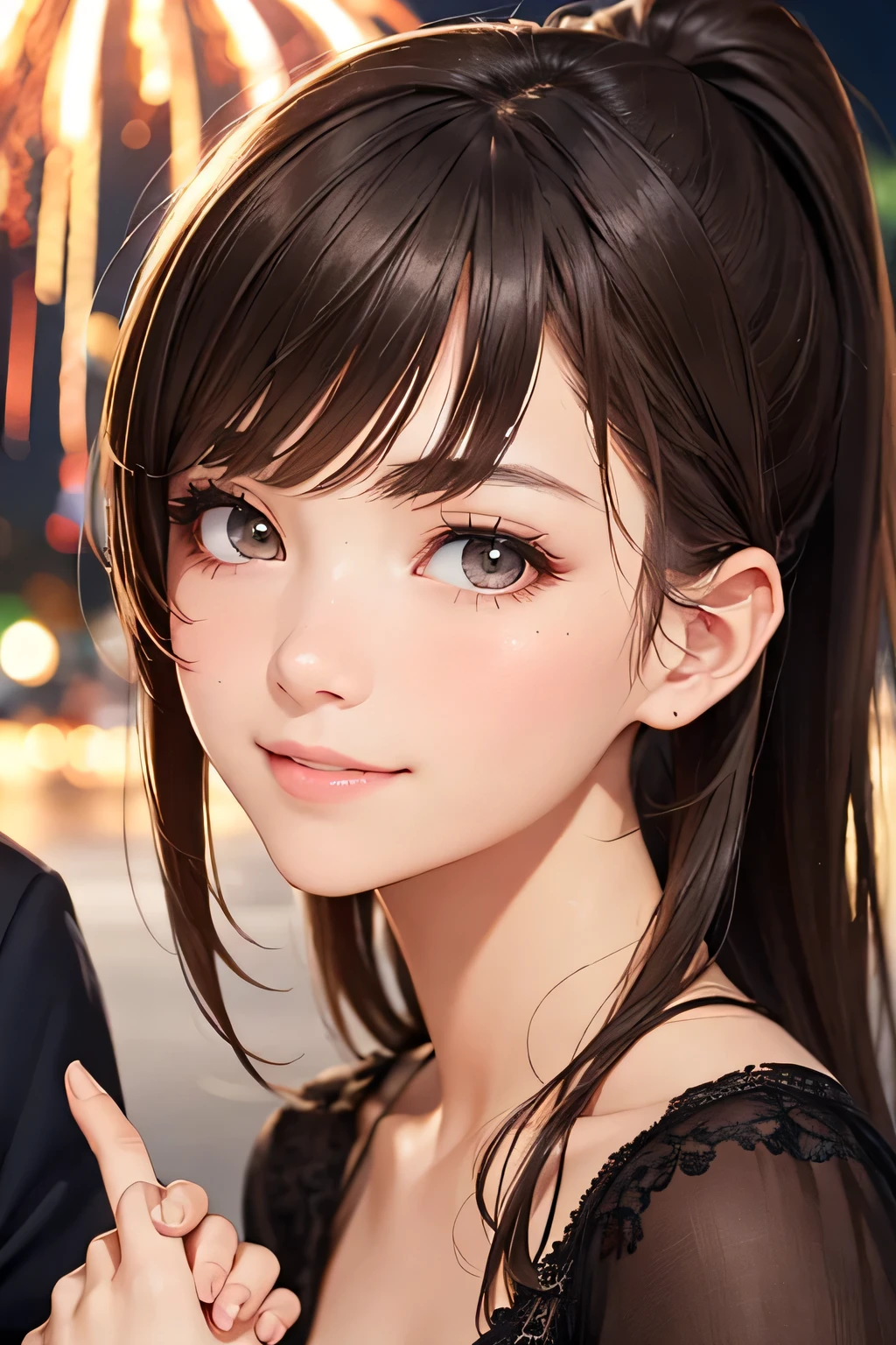 highest quality、High resolution、Detailed Background、(Beautiful face in every detail:1.4)、Anatomically correct、(Draw the usual number of fingers:1.2)、(Detailed facial expressions)、(Detailed eyes:1.2)、(Detailed eyes:1.2)、age beauty、(Highly detailed face:1.4)、Cute hair color、Brown Hair、Black Hair、Bobcut、ponytail、Braided long hair、well-groomed eyebrows、Perfect body line、
summer night、Two beautiful girls holding hands and smiling while looking up at the sky at a fireworks festival