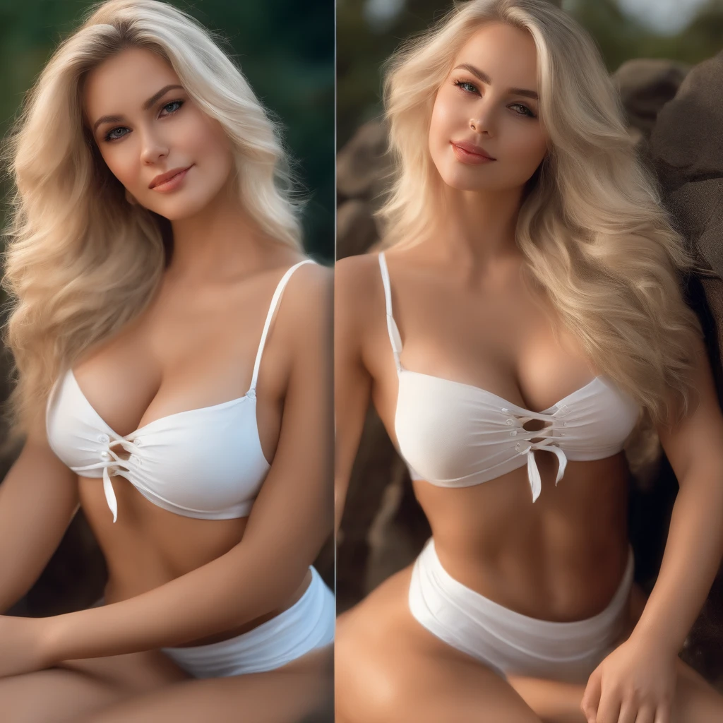 professional, (4k photo:1.1) by (Jeremy Lipking:0.3), (Dittmann Anna:0.3), (Arian Mark:0.3), (Sharp focus:1.3), high detail, wearing (lowcut bikini:1.2), beautiful detailed face, hazel eyes, long blonde hair, (attractive young woman:1.3), (seductive:1.1), (blushing:1.1), hourglass body shape, large round big breasts, wide thicc hips, blonde goddess, tight outfit, tight attire, smiling seductively, pretty face, perfect white haired girl, satisfied pose, cute seductive smile, beautiful blonde girl, good young girl, beautiful angle, attractive pose, cute girl, sexy pose, a gorgeous blonde, full body picture, full body, full body shoot, wearing white bikini and boots