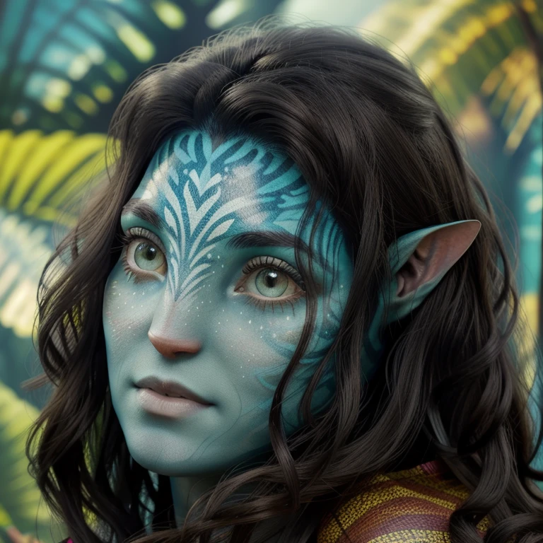 avatar style, (face portrait:1.6), naavi, 1girl, female, (green eyes), (big eyes), ((eyebrowless)), pointy ears, (turquoise skin tone:1.0), (straight hair:1.0), brown hair color, ((long hair)), (young adult), 18 years old, face wrinkles, wearing colorful tribal clothing, (wearing tribal acessories), detailed eyes, toned body, muscled body, vibrant colors, glowing, ethereal atmosphere, surrealistic dreamy lighting, textured skin, otherworldly beauty, mesmerizing photography, (best quality, highres), vivid colors, ultrarealistic, skin details, striped skin, sfw, face close-up:0.5, ultradetailed body, ((turquoise skin)), AvTsireya