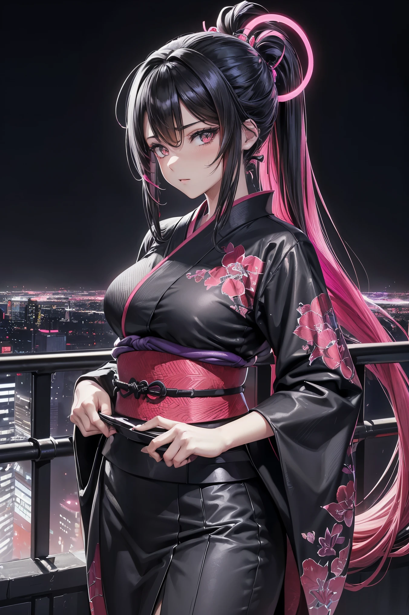 anime, (obra de arte, melhor qualidade, ultra-detalhado, alto contraste), 1 mulher (Sozinho, corpo todo, corpo plus size, standing on the edge of the skyscraper, cabelo prateado, CABELO LONGO E FLUXO, olhos vermelhos brilhantes de rubi, (Kimono preto, black cybernetics with neon pink), meias pretas transparentes), (skyscraper roof, com vista para uma cidade, fundo detalhado ((night time, Darkness, low light pollution)))