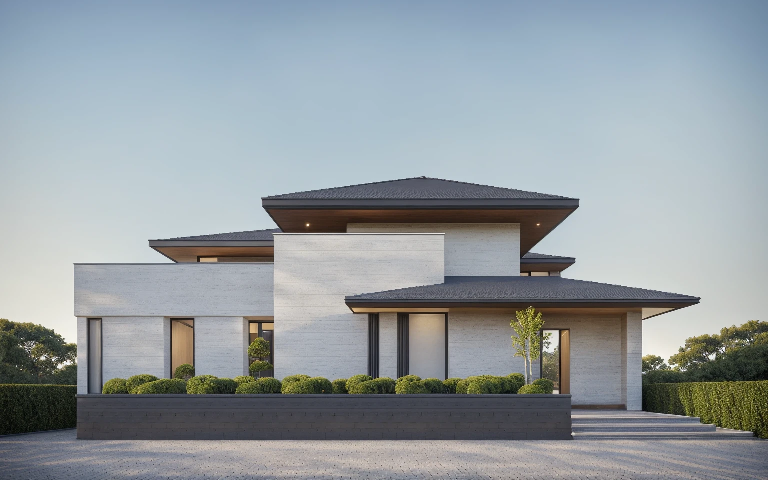 1 morden house, cofe space:1.4, main material by white wall and wood, large yard, 1 road runs in front of the house,  (RAW photo, real, best quality, masterpiece:1.2), look morden minimalist, 1 road in front of the house, shime ring light, light brighteness from indoor:1.2, dynamic lighting:1.3, (hyper realistic, photo-realistic:1.2), high quality, (dark lighting:1.2), perfect lighting, archdaily, wall covered with black corrugated iron panels:1.4