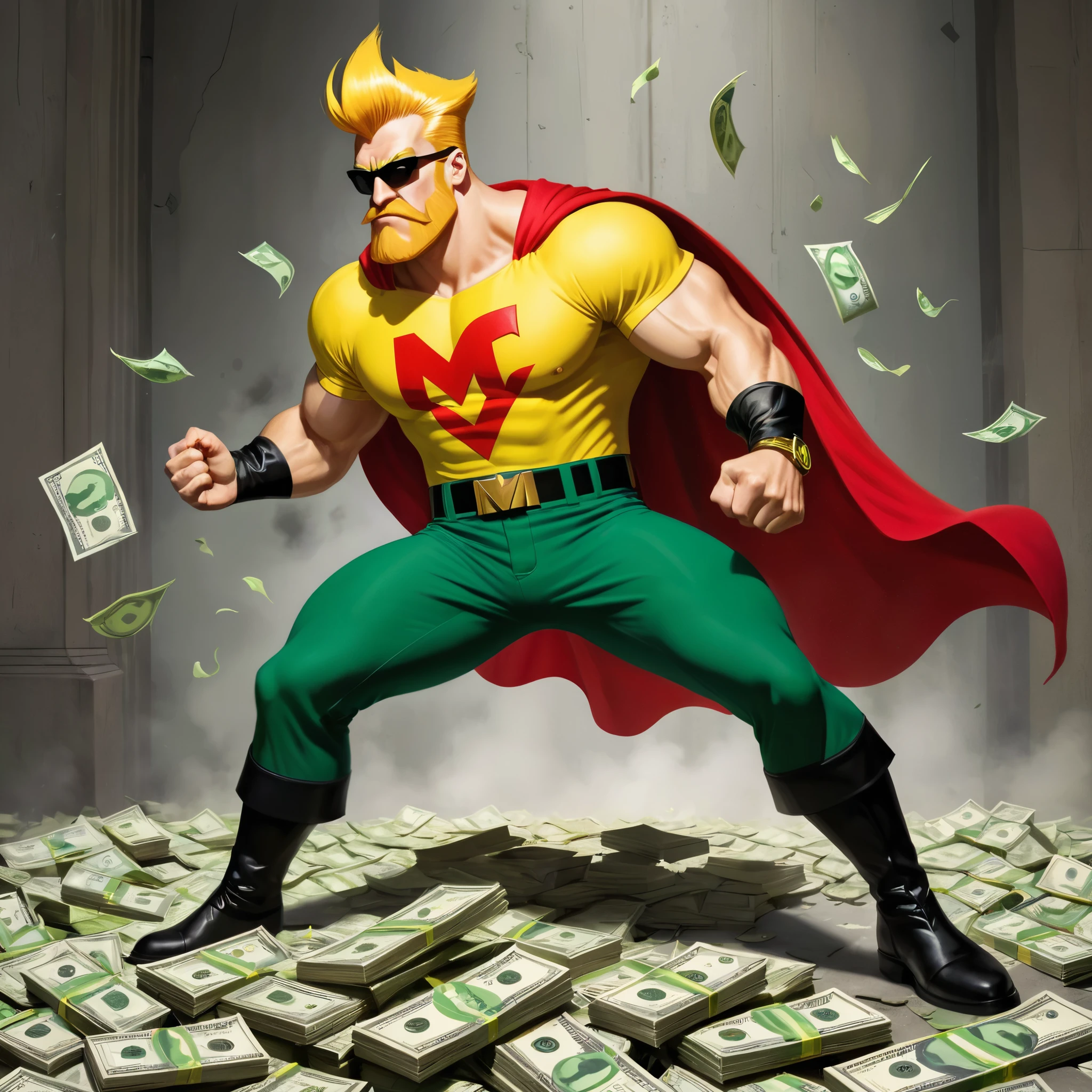 full body illustration inspired by the cartoon character Johnny Bravo, he has a yellow beard, yellow facial hair, he is looking to the left, he is wearing an outfit in green and lemon yellow colors inspired by dc comics heroes with the letter "M" drawn in his clothes at chest height, his body is slightly inclined, he fights against a villainous red armored bear, a character from dc comics, money in the scene, piles of money,