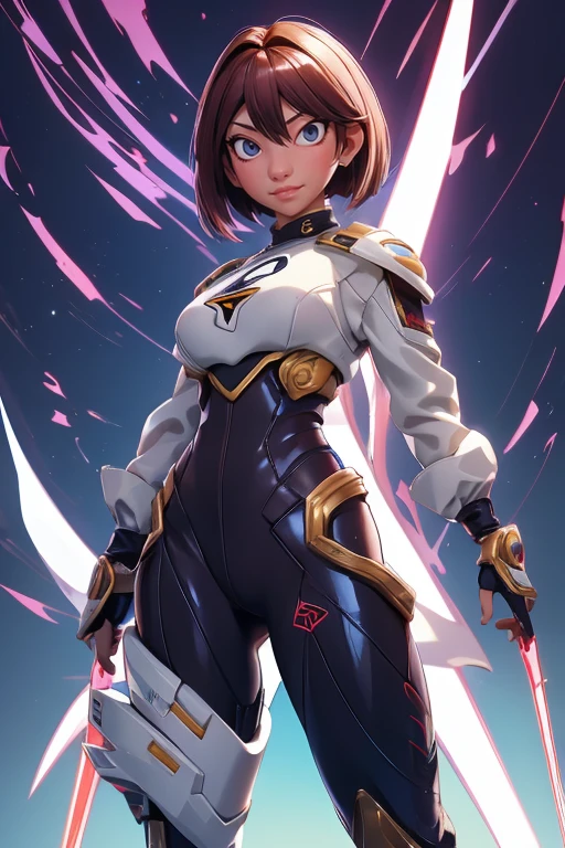 ryuuko matoi,y'shtola rhul,de cerca,taller ryza,Supervision,piloto mecha,puerto espacial,tatuajes,plugsuit naranja y plateado,top blanco de lycra manga corta,pantalones cargo de acero,vientre descubierto,cabello corto,lindo maquillaje,ojos verdes,cabello dorado dimensional,shy smile,pecas,hermosa chica,pechos grandes,8k,ultra detallado,realista,arte de fantasia,armadura saiyajin,armadura cyborg,armadura de acero,astronave,uniforme militar,perforaciones en las orejas,horquilla para el cabello,chica super saiyan,mujer saiyajin,chaqueta piloto,
