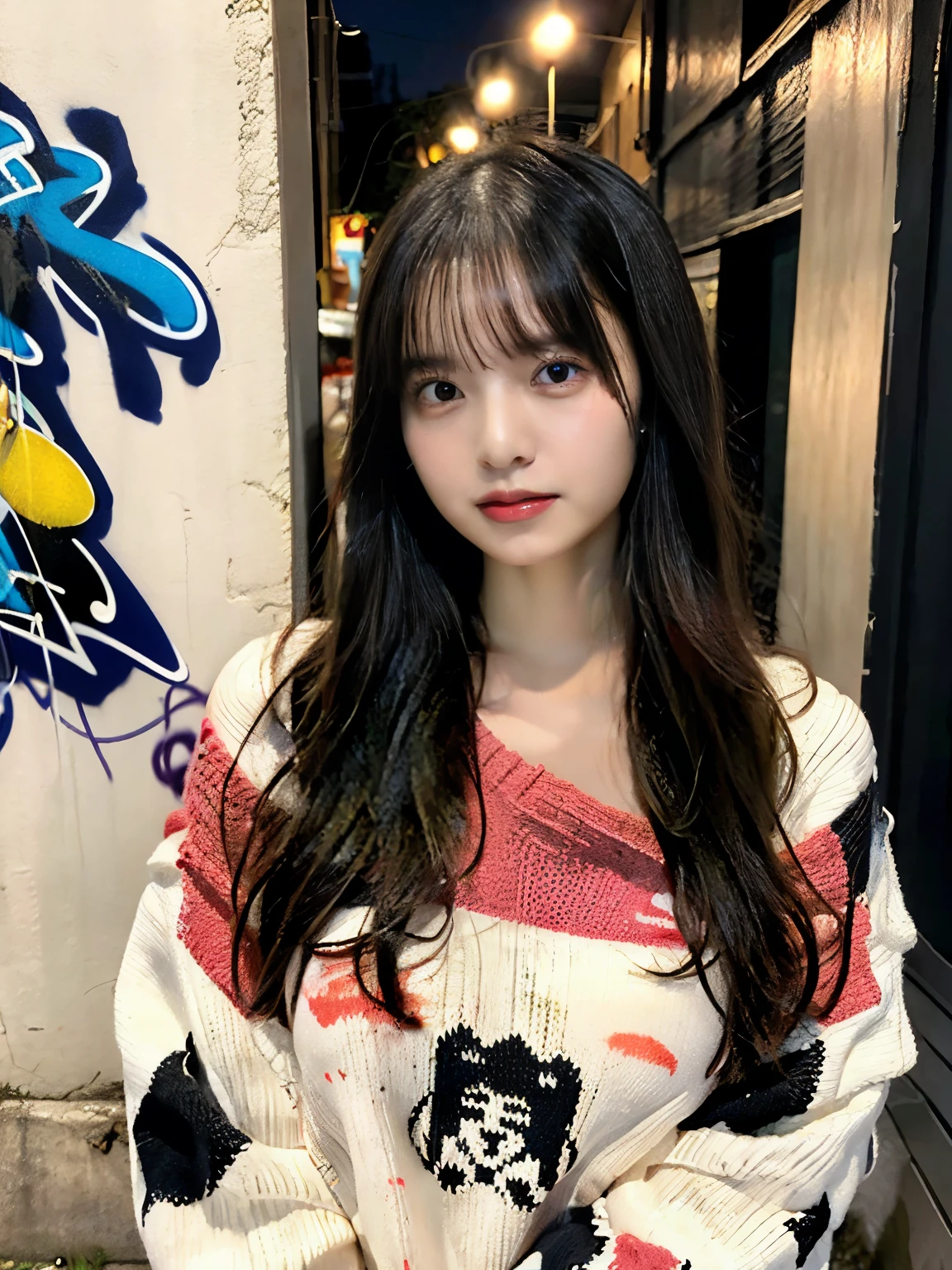 collection, highest quality, shape, Very detailed, Fine details, High resolution, 8k,wallpaper, Perfect dynamic composition,(Detailed information high quality, Realistic depiction of eyes:1.3), (Japanese girl standing in dirty back alley At night, Put your hands on your head, graffitied wall:1.1), ((White hand-knitted long sweater, V-neck sweater, Larger clothes)), Black Hair, Natural Color Lipstick, Attractive face, Provocative expression, I cried a little.、Calm gaze, Harajuku Style、(graffiti), At night, 20-year-old girl、cute、ta, Idol sculpture, Full body image、Focus on the crotch, Huge breasts