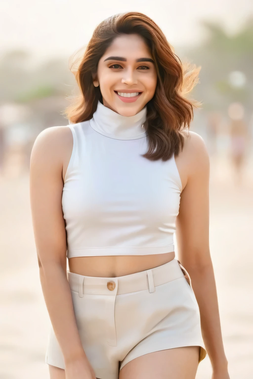 hires full body photo of a woman, sharvari wagh, outdoors, realistic skin texture, smiling, looking looking at camera, sleeveless turtleneck and short pant, white waterproof sandle,  smiling, beach background, beautiful bokeh   