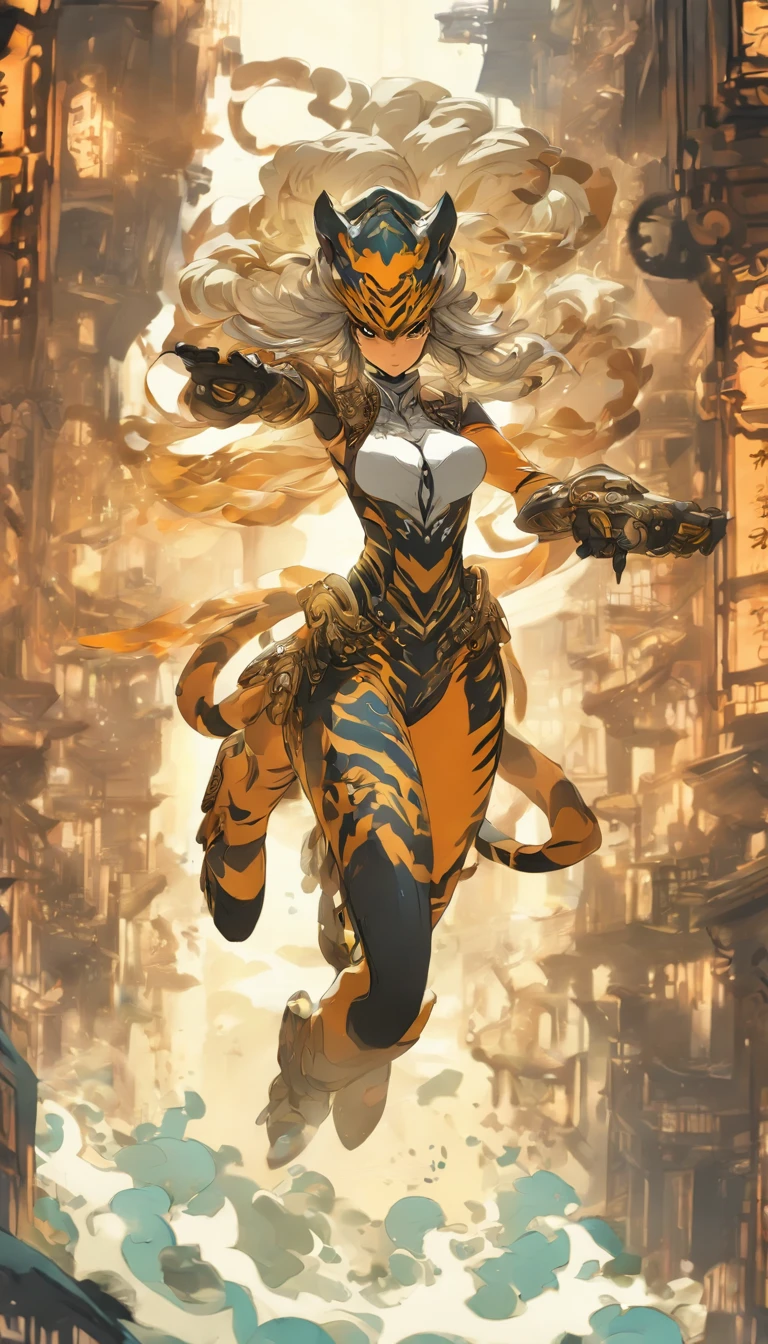 Chinese ink style,Steampunk world,Tiger-shaped steampunk warframe girl,Jet steam is suspended in the city air,Ink animation art,Ink comic art,water ink,ink,Smudge,8K,Delicately portrayed,Works of masters,Black and white tones