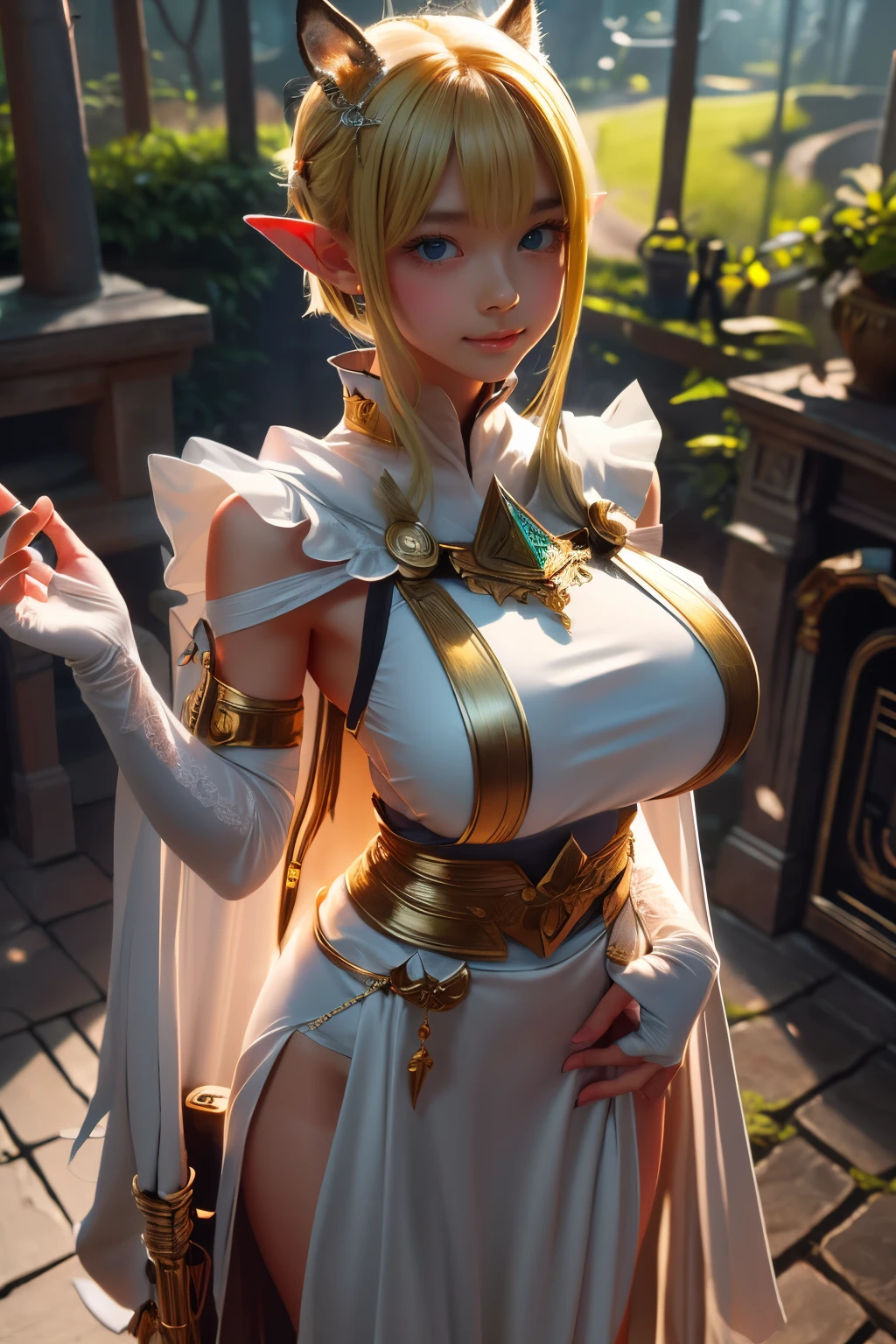 (Original Character, Unity 16K Wallpaper, masterpiece, Best Quality, Ultra-detailed, extremely details CG, Caustics, Cinematic lighting, Detailed, Beautiful detailed eyes, Solo, Oily skin), Ultra High Resolution, Fine skin, (strong lights), ((Brighten the subject)), The most cutest elf girl, Blonde short hair with blunt bangs, Ahoge, Green hair ornament, green eyes, (huge tits), Super long White dress with green cloak and gold accessories, Sweet smile, Holding a wand, in woods、