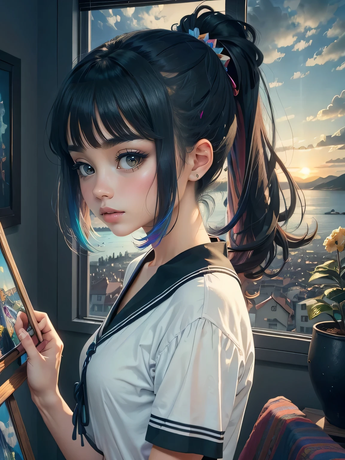 Studio apartment, huge room, Cozy artist's studio, Cute Beautiful Girl、A cute character who wears a mini skirt. Cute Ponytail, highest quality、High resolution、detailed background、(detailed face:1.4)、beautiful and smooth skin, (portrait shot:1.3), easel, color palette, acrylic paints, paintings, large windows, loggia, art, awards, table, sofa, armchairs, mirror, crystals, meditation, harmony, many books on the walls, paintings on the walls, view from the window, sea, mountains, amazing sunset, flower arrangements, paints, brushes, artist's theme, elegant, dynamic bright lighting, happiness, full color, multicolored, artificial, higher detail, super quality, small details, highlights, neon lights, masterpiece, best colors