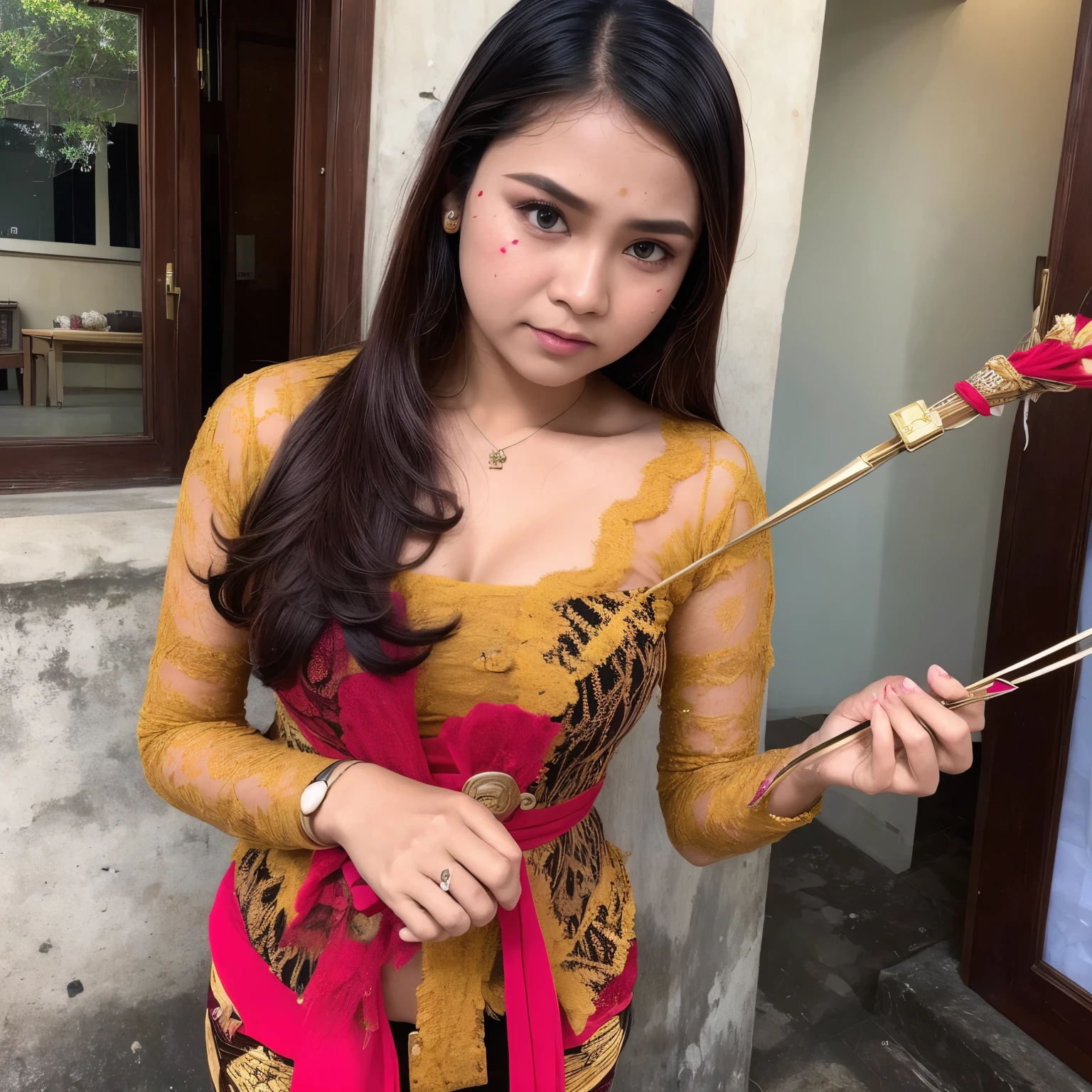 Woman, Blood splashes, holding a hairpin as a weapon, blood everywhere, dense and thick style hair, Indonesia clothes kebaya traditional bali, blood stains, defeat his enemies