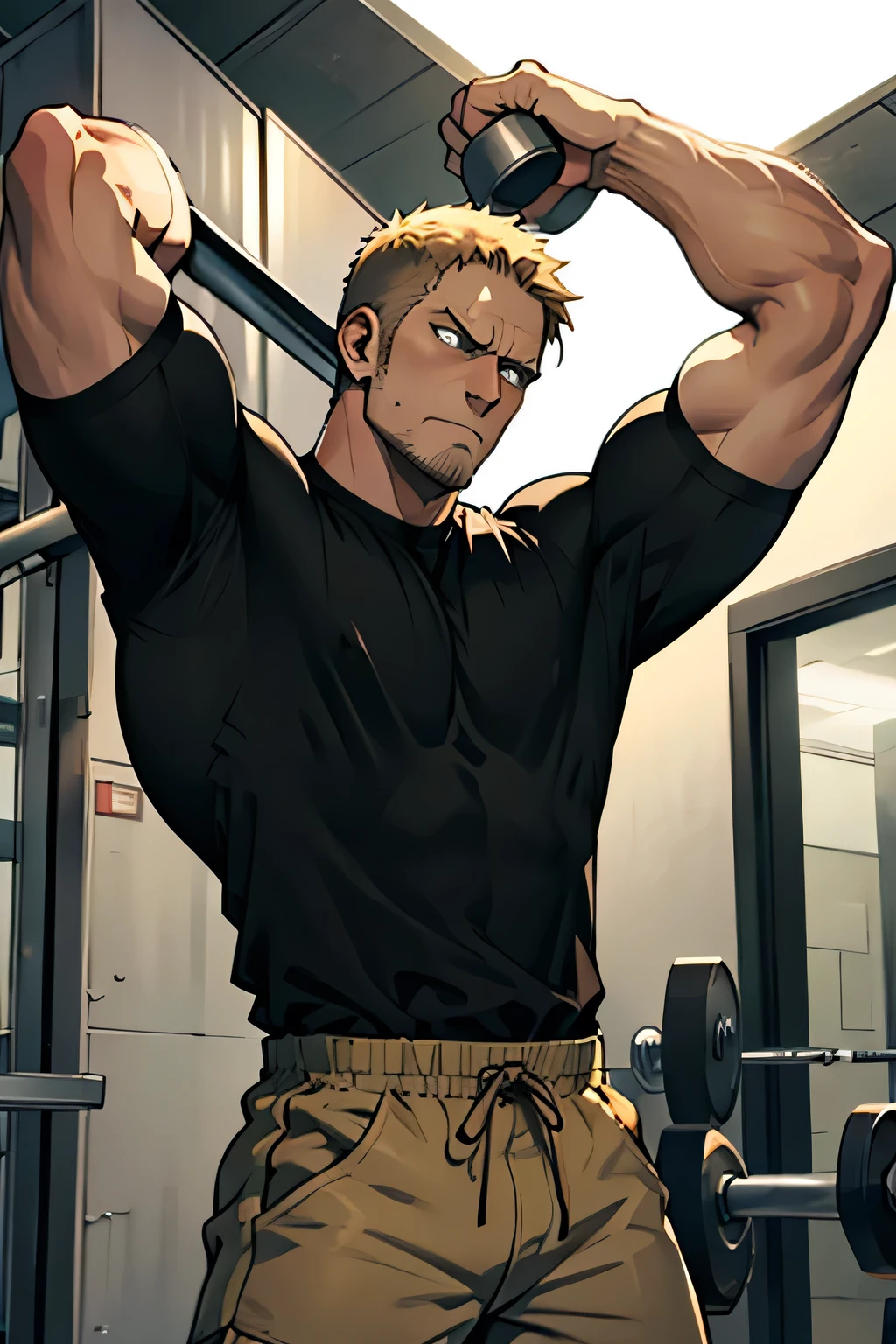 Reiner Braun from Attack on Titan is pumping his biceps with dumbbells while wearing a black shirt