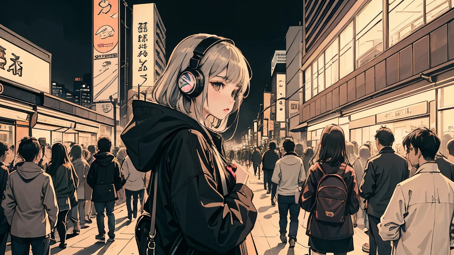 1 girl, 90s anime style, night, , Urban intersection、Girl wearing headphones, late night , Listening to music alone, City Pop, high quality, Detailed finger shapes、Natural finger shape、Lo-Fi, Chill, late night,Urban hustle and bustle、 crowd, ,nightの街中 futuristic night view outside the window,