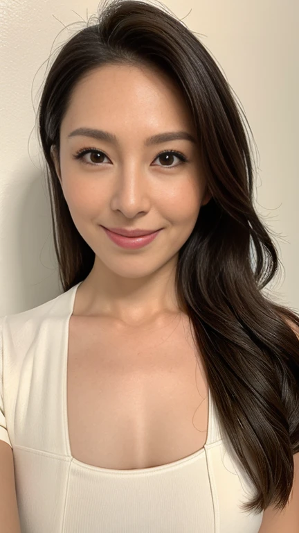High resolution, High resolution, Attention to detail, masterpiece, Rough skin, Anatomically correct, sharp,
Home bedroom background、((Tabletop))、((Close-up of face))、((Near Movies))、
((Japanese Mature, 50 years old)), alone, ((Facial wrinkles)), Shapely large breasts, Black short bob, Chubby body type,
,White blouse with collar, A gentle smile、A captivating gaze、A gaze that seduces viewers、