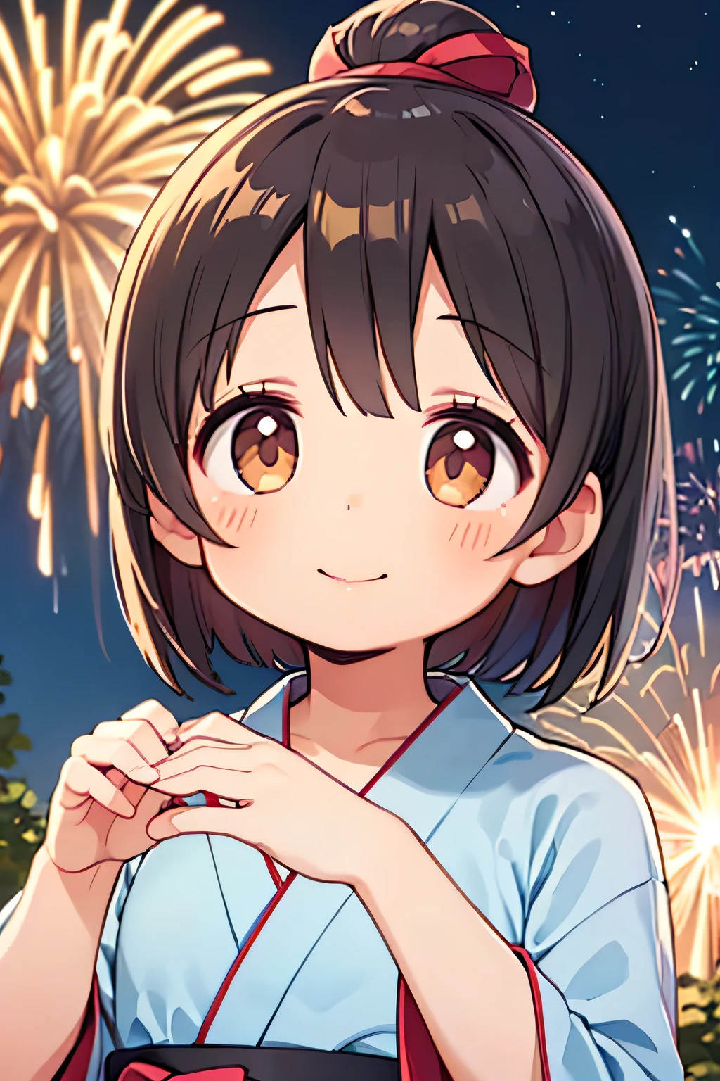 highest quality、High resolution、Detailed Background、(Beautiful face in every detail:1.4)、Anatomically correct、(Draw the usual number of fingers:1.2)、(Detailed facial expressions)、(Detailed eyes:1.2)、(Detailed eyes:1.2)、Teenage beauty、(Highly detailed face:1.4)、Cute hair color、Brown Hair、Black Hair、Bobcut、ponytail、Braided long hair、well-groomed eyebrows、Perfect body line、Show upper body、Cute Yukata、
summer night、Two beautiful girls holding hands and smiling while looking up at the sky at a fireworks festival