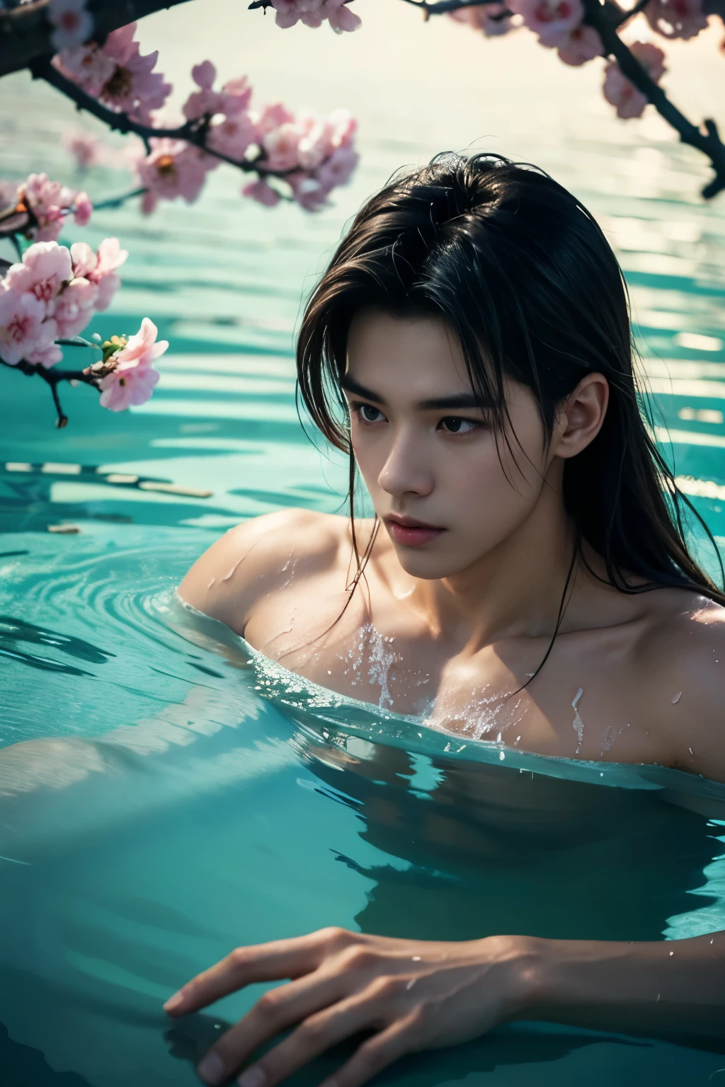 1 boy, Young male, Detailed eyes and faces, Perfect male body, eye looking to camera, (long hair, half body inside water, Topless, bathe in water, wet hair and body),portrait, Chinese clothing, China Landscape, Outdoor, peach blossoms, pine trees, lake, color difference, Depth of field, dramatic shadow, Ray tracing, Best quality, Cinematic lighting, Extremely detailed CG, 8k wallpaper,