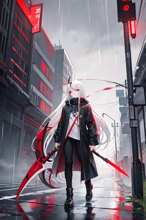 Red eyes and white hair, long hair, reaper scythe, walking in the rain