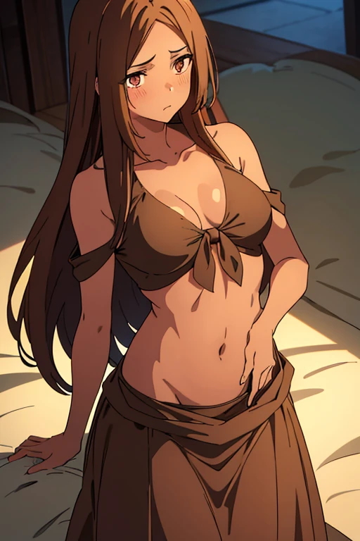 (detailed), perfect face, brown skin anime woman in a deep V-neck tied top, (bare shoulders), (long skirt), (long hair), starved as hell, (resting hands on the stomach), (hands on the stomach), (slim woman), (smooth and shiny skin), worried, light blush, ((best quality)), ((masterpiece))