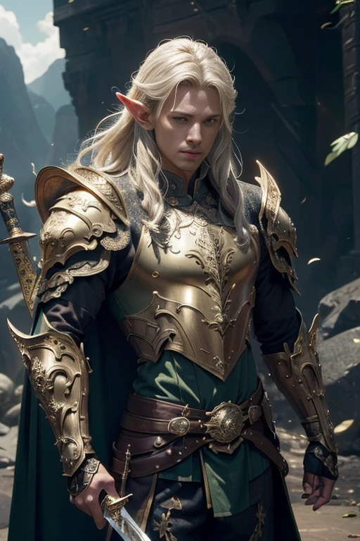 (master piece:1.5), (best quality:1.5), (exquisite lighting and shadow, highly dramatic picture, cinematic lens effect) (Photorealistic picture) highly detailed, realistic, cinematic lighting, studio quality, 8k, wallpaper, dynamic pose, anatomy correct, epic fantasy digital art, Epic composition, long white hair Male elf swordsman wearing a brown leather armor, gold intricate elaborated plate chest with green leaf accents small shoulder armor, gold plate gauntlets, no helmet, long cape, holding a sword, big rocks background