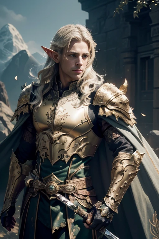 (master piece:1.5), (best quality:1.5), (exquisite lighting and shadow, highly dramatic picture, cinematic lens effect) (Photorealistic picture) highly detailed, realistic, cinematic lighting, studio quality, 8k, wallpaper, dynamic pose, anatomy correct, epic fantasy digital art, Epic composition, long white hair Male elf swordsman wearing a brown leather armor, gold intricate elaborated plate chest with green leaf accents small shoulder armor, gold plate gauntlets, no helmet, long cape, holding a sword, big rocks background