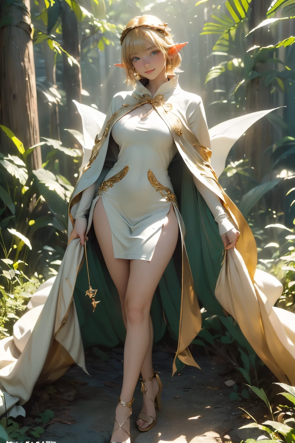 (Best quality, 4k, 8k, 16k, highres, masterpiece:1.5), ultra-detailed, ((Bishoujo girl)), ((Most beautiful elf girl with cute face)), ((Blonde short hair with blunt bangs and ahoge)), ((full body)), ((stand pose)), ((((Very long white dress with green cloak and gold accessories)))), ((High gladiator sandals with high heels)), ((huge tits with slim body)), (((Fantasy))), (((huge tits and thighs))), ((((A long wood magic wand)))), ((fully detailed)), illustration, (Original Character, Unity 16K Wallpaper, masterpiece, Best Quality, Ultra-detailed, extremely details CG, Caustics, Cinematic lighting, Detailed, Beautiful detailed eyes, Solo, Oily skin), Ultra High Resolution, Fine skin, (Strong lights), ((Brighten the subject)),