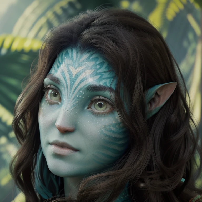 avatar style, (face portrait:1.6), naavi, 1girl, female, (green eyes), (big eyes), ((eyebrowless)), pointy ears, (turquoise skin tone:1.0), (straight hair:1.0), brown hair color, ((long hair)), (young adult), 18 years old, face wrinkles, wearing colorful tribal clothing, (wearing tribal acessories), detailed eyes, toned body, muscled body, vibrant colors, glowing, ethereal atmosphere, surrealistic dreamy lighting, textured skin, otherworldly beauty, mesmerizing photography, (best quality, highres), vivid colors, ultrarealistic, skin details, striped skin, sfw, face close-up:0.5, ultradetailed body, ((turquoise skin)), AvTsireya