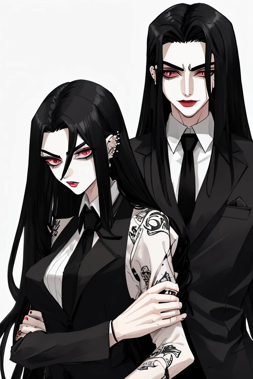 mobster, long black hair with elastic, eyebrow piercing, twin woman and man 