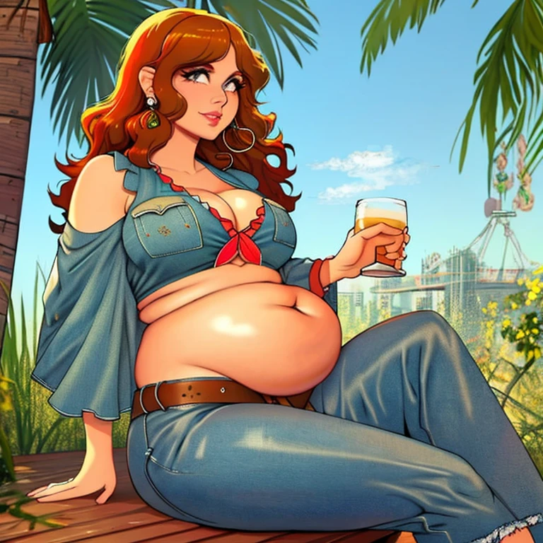 (masterpiece), (best quality), realistic, pudgy hippie, curvy body, 70s style clothing, cute face, (she is looking at her own stomach), tipsy