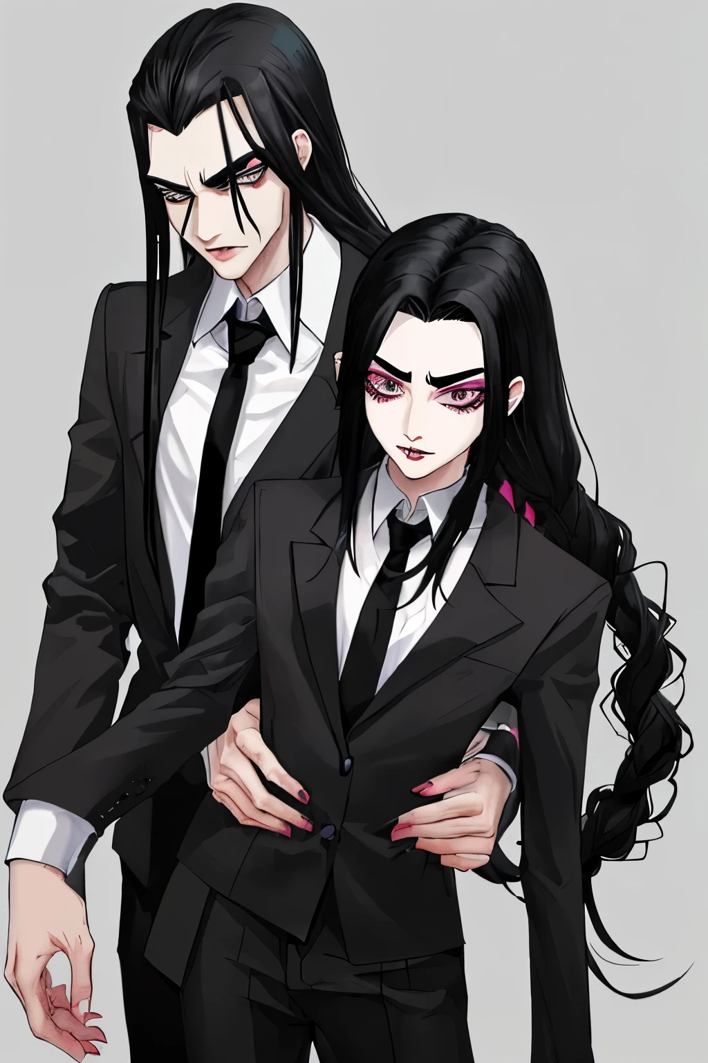 mobster, long black hair with elastic, eyebrow piercing, twin woman and man 