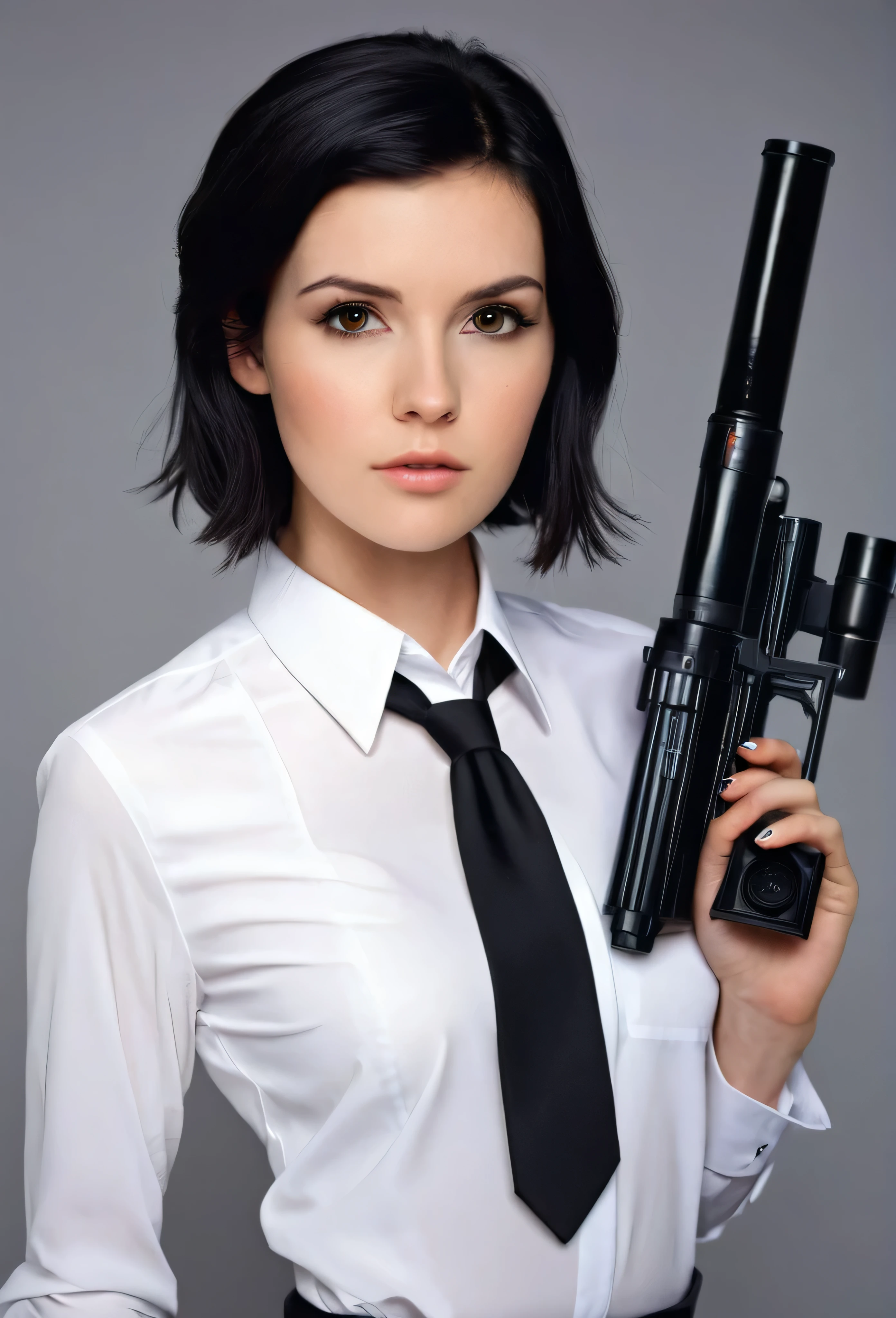 brown eyes, tall woman, black hair, short hair, fair skin, white skin, perfect face, perfect body, white dress shirt, black tie, black dress pants, star wars universe, blaster(star Wars)