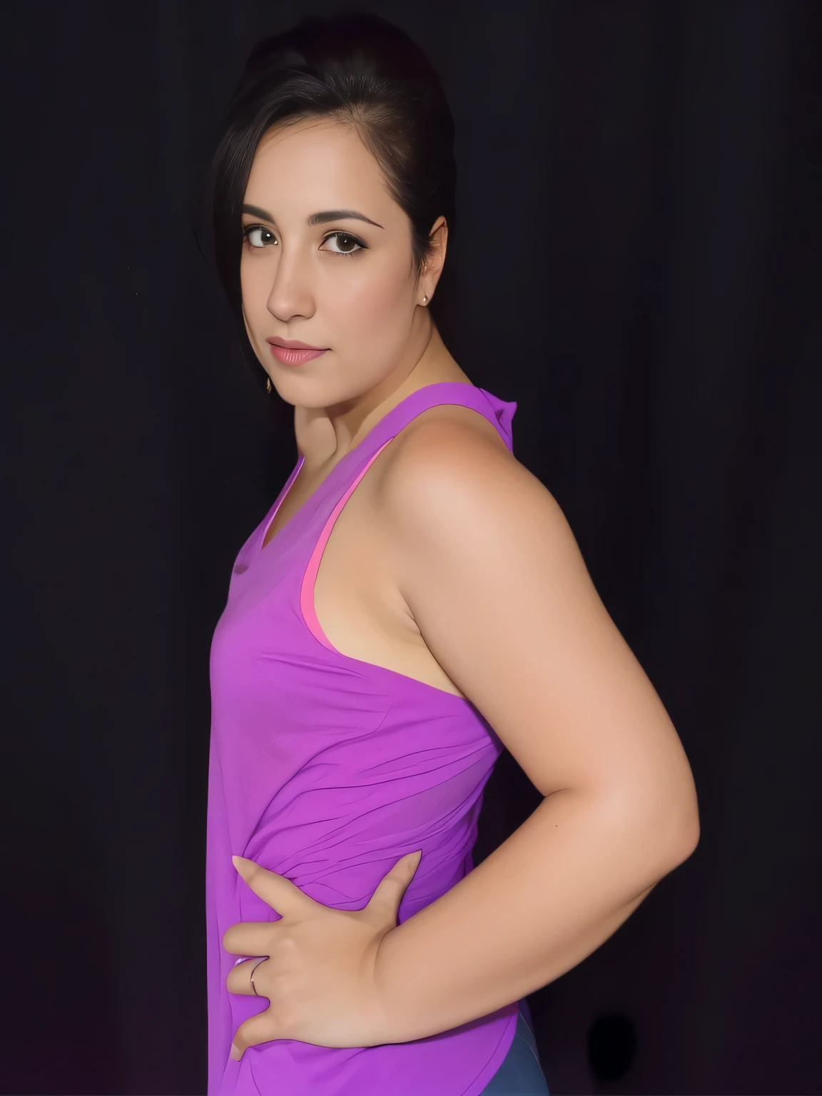there is a Brazilian woman, in a purple top posing for a photo, purple halter top, looking from the side, sports bra and shirt, frontal pose, wearing a purple t-shirt, front portrait, seen from the side, frontal photo, purple top, adjusted photo , using gym equipment, fitness body, physique: smallest belly ever, sweaty abs, fit curvy physique, stamped photo, black background. Sharp photo, high quality, high resolution and high contrast. Masterpiece, high resolution, masterpiece, 16K.