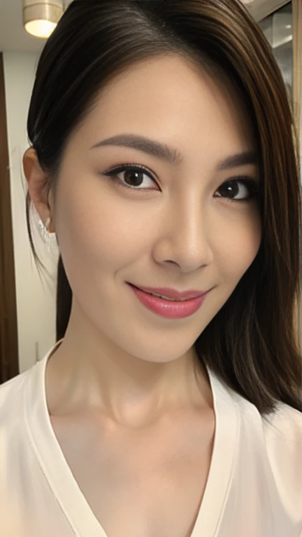 High resolution, High resolution, Attention to detail, masterpiece, Rough skin, Anatomically correct, sharp,
Home bedroom background、((Tabletop))、((Close-up of face))、((Near Movies))、
((Japanese Mature, 50 years old)), alone, ((Facial wrinkles)), Shapely large breasts, Black short bob, Chubby body type,
,White blouse with collar, A gentle smile、A captivating gaze、A gaze that seduces viewers、