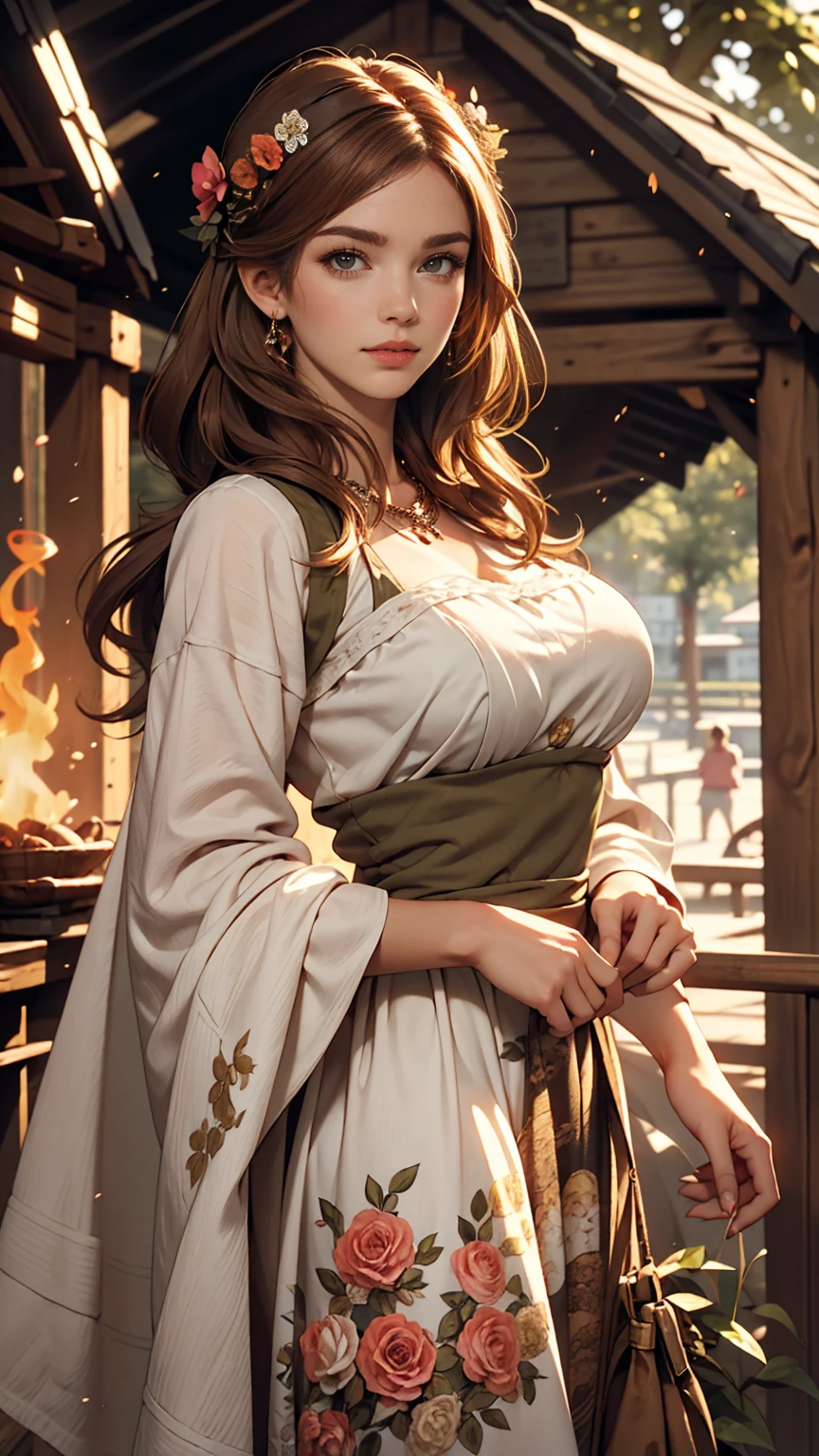 Luma is a gracious person, She is beautiful、Has a strong attitude, Her breasts are voluminous, Feminine pear-shaped silhouette, Auburn Hair, long Auburn Hair, She has expressive eyes, ( Eyes are olive green) Her skin turns white、Light freckles on the cheekbones。, Big Breasts, farm, Brown rustic clothing, Bohemian style clothing, farmのボヘミアンファッションの服, Romantic atmosphere, The Light of the Fire, The fire shines, Half of the hair in the flower dress is straight.、Half of the hair has curled ends.。comics
