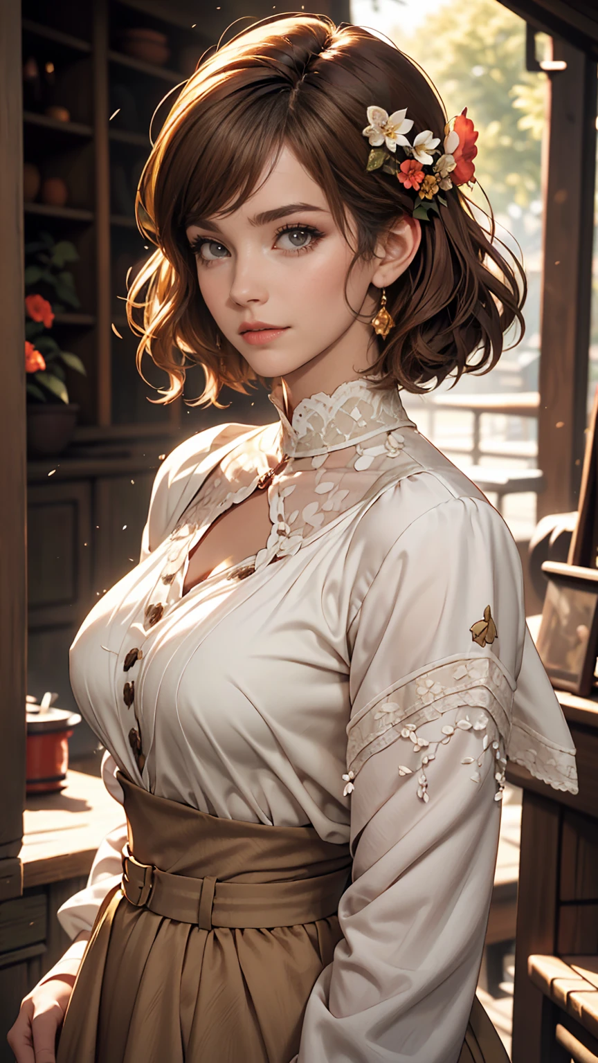 Luma is a gracious person, She is beautiful、Has a strong attitude, Her breasts are voluminous, Feminine pear-shaped silhouette, Auburn Hair, long Auburn Hair, She has expressive eyes, ( Eyes are olive green) Her skin turns white、Light freckles on the cheekbones。, Big Breasts, farm, Brown rustic clothing, Bohemian style clothing, farmのボヘミアンファッションの服, Romantic atmosphere, The Light of the Fire, The fire shines, Half of the hair in the flower dress is straight.、Half of the hair has curled ends.。comics
