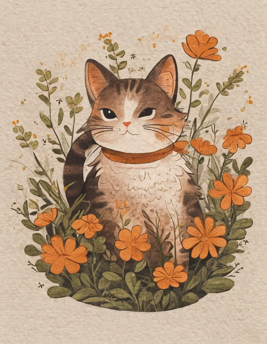 Nelli_Estilo de arte, A cartoon cat is lying on its back in a field of flowers.