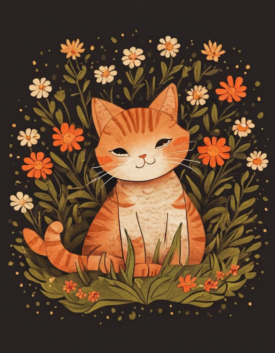 Nelli_Estilo de arte, A cartoon cat is lying on its back in a field of flowers.