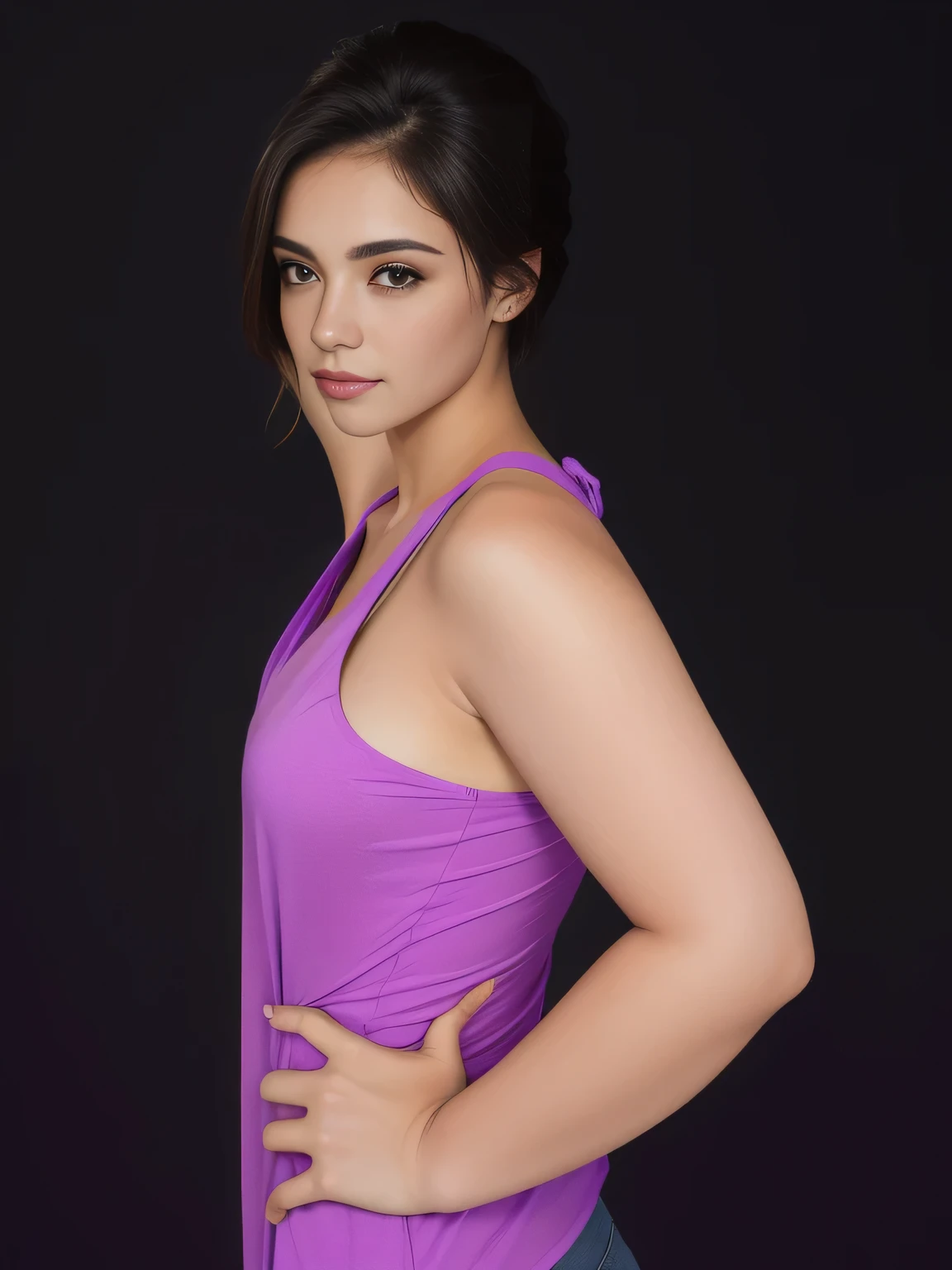 there is a woman in a purple shirt posing for a picture, lorena avarez, photo from the back, pilar, centre image, arms to side, profile image, shoulder in front pose