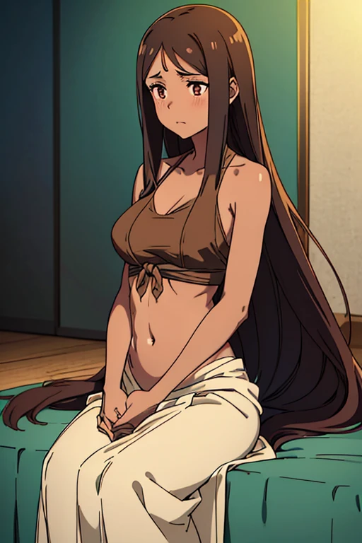 ((best quality)), ((masterpiece)), (detailed), perfect face, brown skin anime girl wearing a deep V neck Chinese outfit, (bare shoulders), (jeans trousers), famished in hunger, (gently resting hands on stomach), (long hair), (hands on her stomach)
