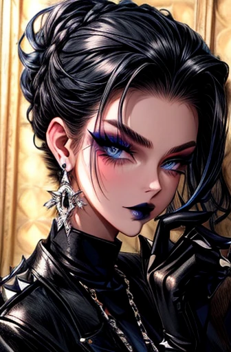 hair slicked back, blue eyes, black lips, makeup, eyeshadow, black nails, right cheek facial tattoo, black jacket, spikes, white shirt, black footwear, black fingerless gloves, earrings,white fur trim, necklace, (masterpiece, best quality),, flirty, thick thighs, looking at viewer, seductive, tan skin,