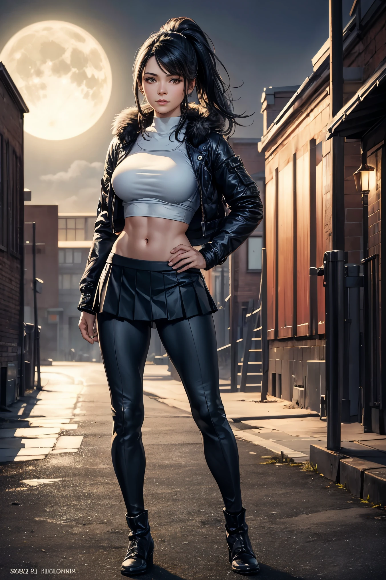 Original photo, best quality, full body photo), (Realistic, photo fidelity: 1.3), (Extremely delicate and beautiful: 1.1) 1 woman chiseled physique and wide hips, leggings, pleated skirt, sports top, high ponytail, high boots, long fur jacket, on a hazy moonlit night in a ghost town, monochrome style, line art, detailed face, detailed eye's, detailed lips, wide hips