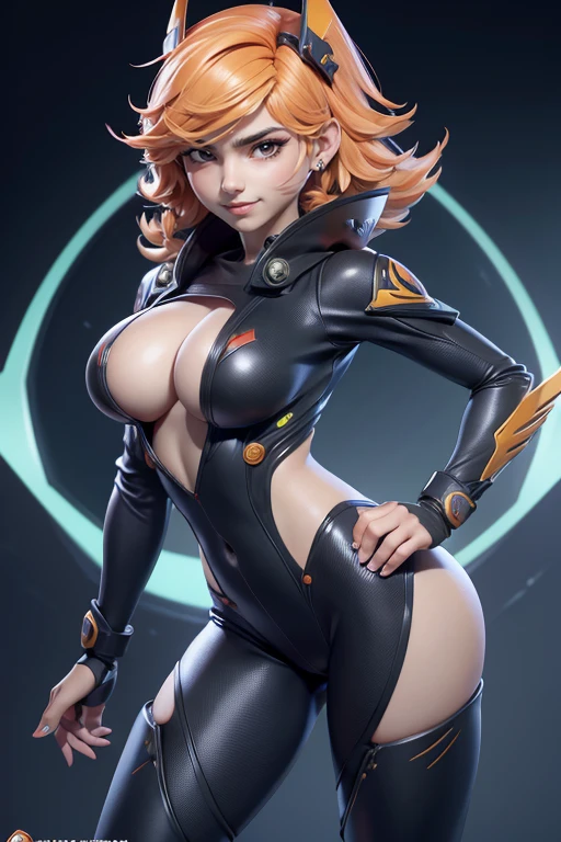 ryuuko matoi,y'shtola rhul,de cerca,taller ryza,Supervision,piloto mecha,puerto espacial,tatuajes,plugsuit naranja y plateado,top blanco de lycra manga corta,pantalones cargo de acero,vientre descubierto,cabello corto,lindo maquillaje,ojos verdes,cabello dorado dimensional,shy smile,pecas,hermosa chica,pechos grandes,8k,ultra detallado,realista,arte de fantasia,armadura saiyajin,armadura cyborg,armadura de acero,astronave,uniforme militar,perforaciones en las orejas,horquilla para el cabello,chica super saiyan,mujer saiyajin,chaqueta piloto,
