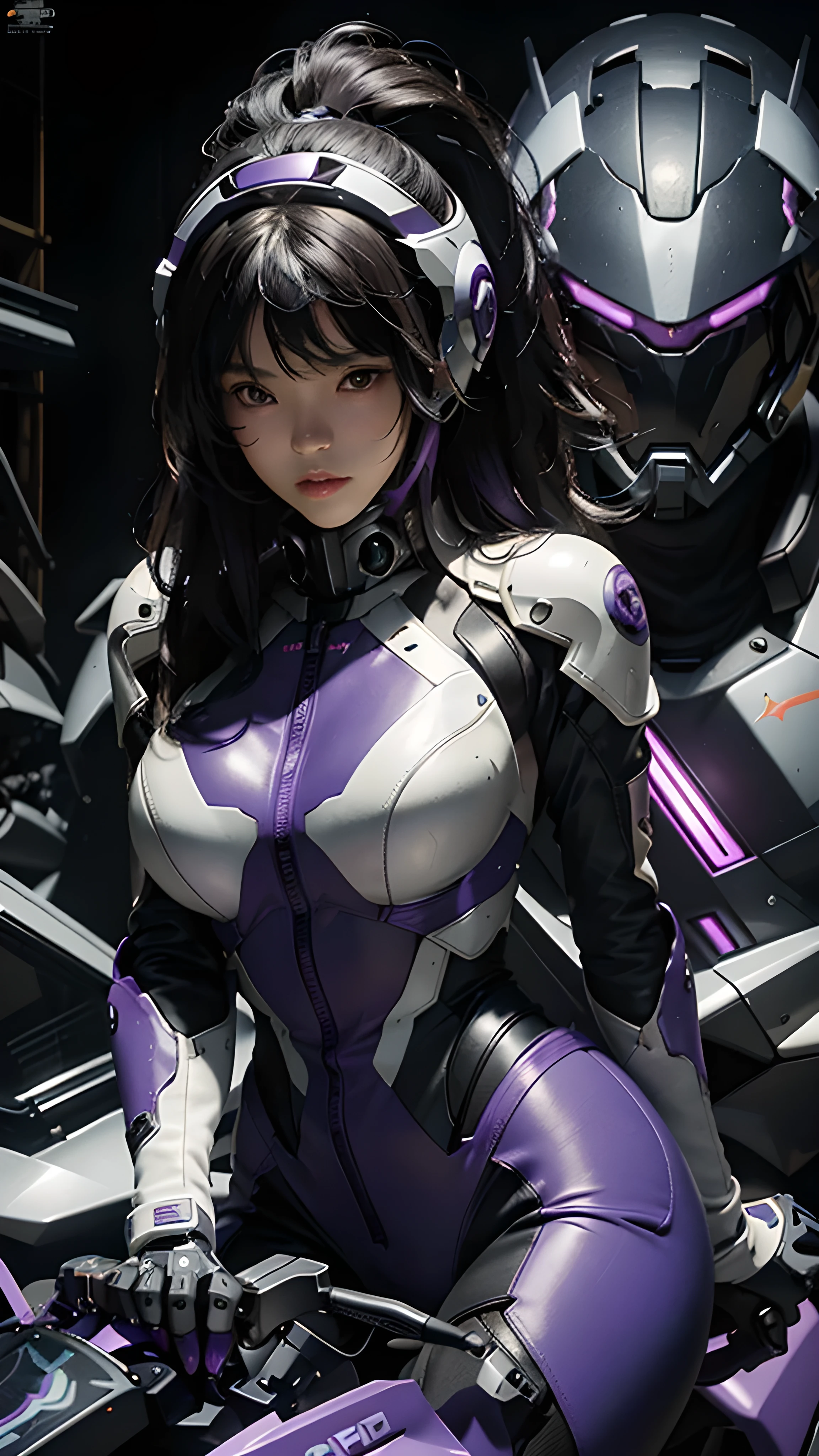 masterpiece, best quality, ultra-detailed, illustration, 1girl, highly detailed evangelion costume, (large robot background), detailed skin texture, beautiful detailed face, intricate details, ultra detailed