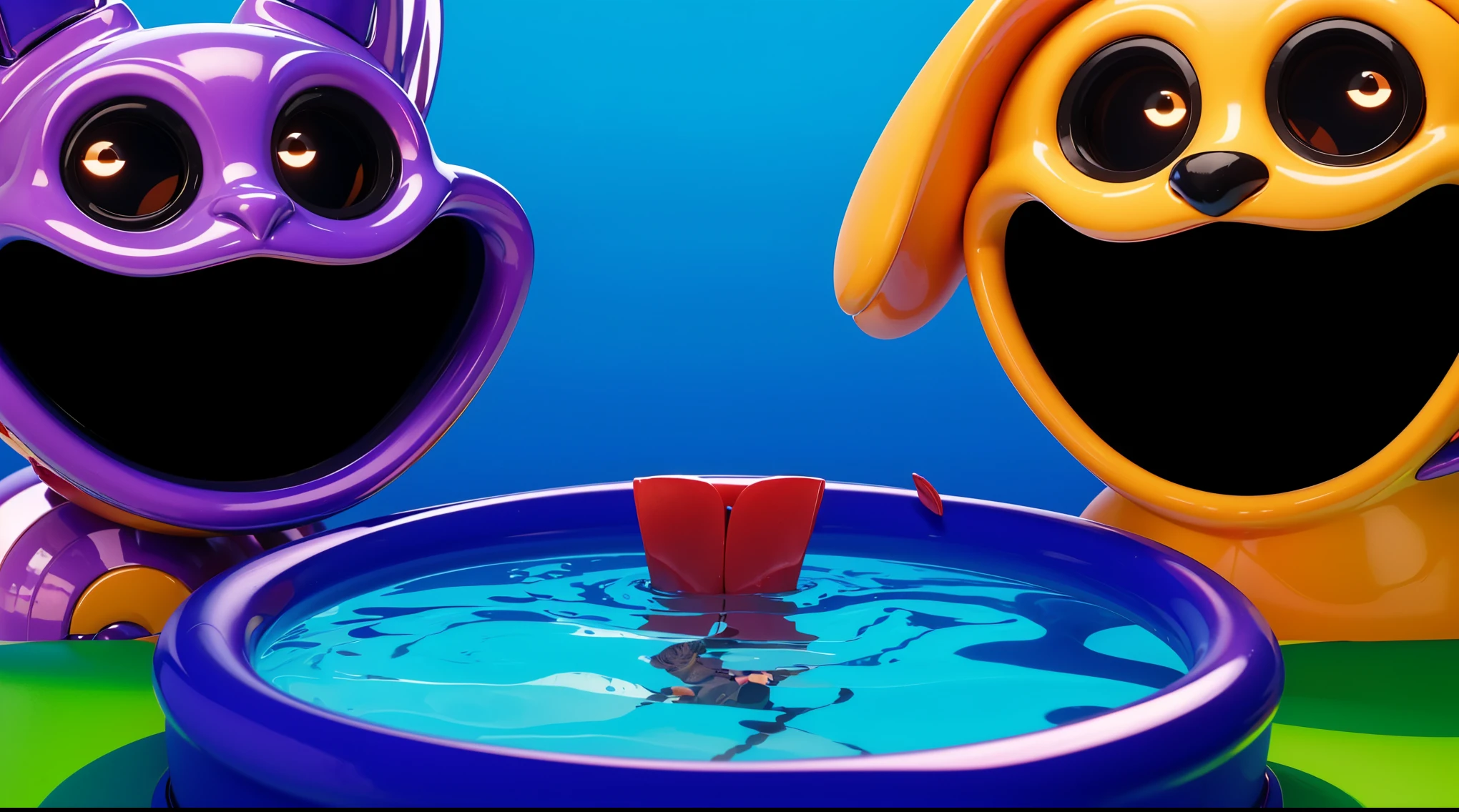 The image depicts three houses made of fish tails, sitting on the ocean floor. The left house is green, the middle one is purple, and the right one is orange. 3d underwater world algae sand. The image depicts a 3D rendered illustration of a boy and a girl with their hands shaped in the shape of a heart. They are both smiling and have red hair. The background is blue. cartoon characters stand next to each other, Electricsbunny, Holographic creatures, Beeple and Jeremiah Ketner, 🐋 as 🐘 as 🤖 as 👽 as 🐳, matte, Rabbids, cute 3D rendering, 3D icon for mobile game, robot rabbit, Shiny metallic, 3D персонажи violet cat toy, toy cat laying on glossy , glossy texture, smooth 3d model, multiple light sources, rim light, sharp post effects render, (glossy big light probe refractions), perfect cgi, cgi art created only with gradients, smooth silhouette, high intensity refraction, (metalic), most beautiful vfx, blue background