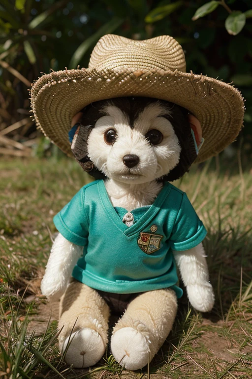 Oso de juguete tejido, small anthropomorphic animal, con sombrero y ropa antigua del siglo XVII., macro photography in thick grass, Dew drops that reflect the environment, Super detailed toy, Puedes ver cada lana en el juguete., Puedes ver cada shrvcik en la ropa., arrastrando todas tus cosas sobre si mismo, lindo animal, lindo juguete,
