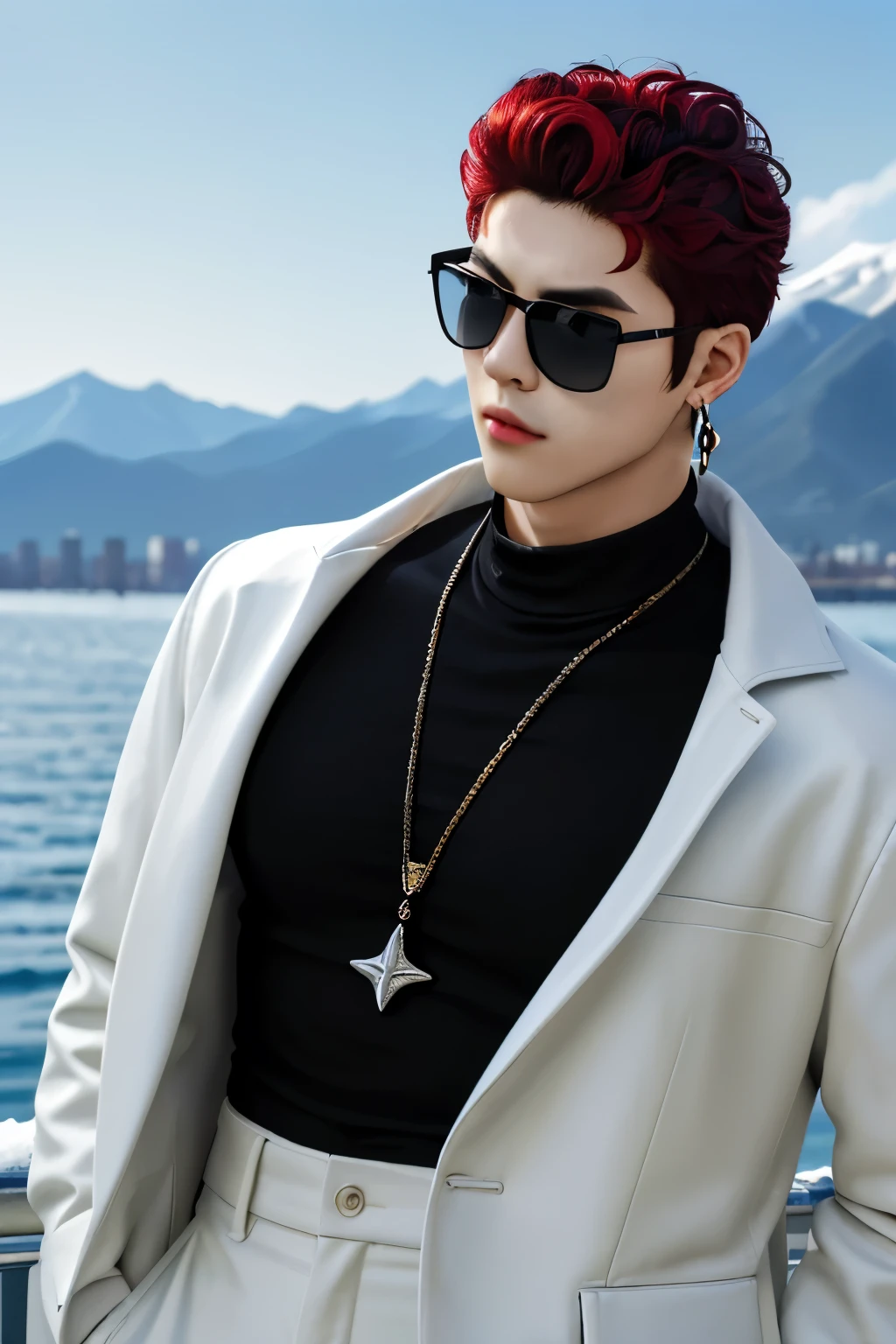 cool guy，perm，Wearing black sunglasses，Wearing earrings，Wearing earrings, exquisite facial features, Have by the sea, parks，snow mountains，City，the street，rays of sunshine, blue-sky,baiyun, red tinted hair, Cold ，frontage，strong, Well-developed abdominal muscleusculous，Robust，mannequin