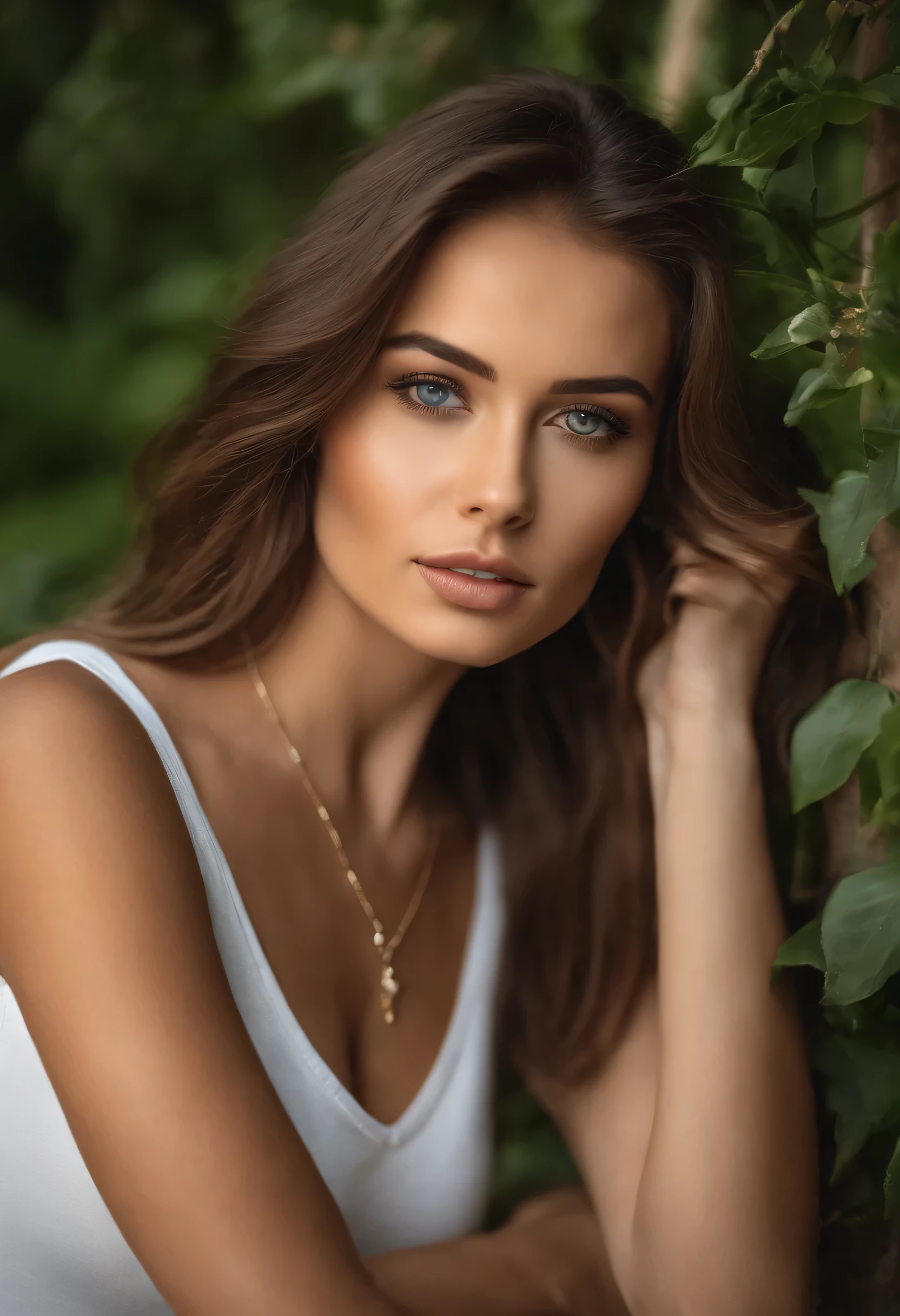 cropped woman with white tank top and necklace, fille sexy aux yeux verts, Portrait de Sophie Mudd, cheveux bruns et grands yeux, selfie d'une jeune femme, Yeux de chambre, Violette Myers, sans maquillage, Maquillage naturel, regarder directement la caméra, visage avec artgram, maquillage subtil, stunning tout le corps shot, Yeux verts perçants, bel angle, pose attrayante, Jolie fille, pose sexy, tout le corps picture, tout le corps, tout le corps shoot, Brown Goddess, high detail, pose satisfaite, pantalon en cuir