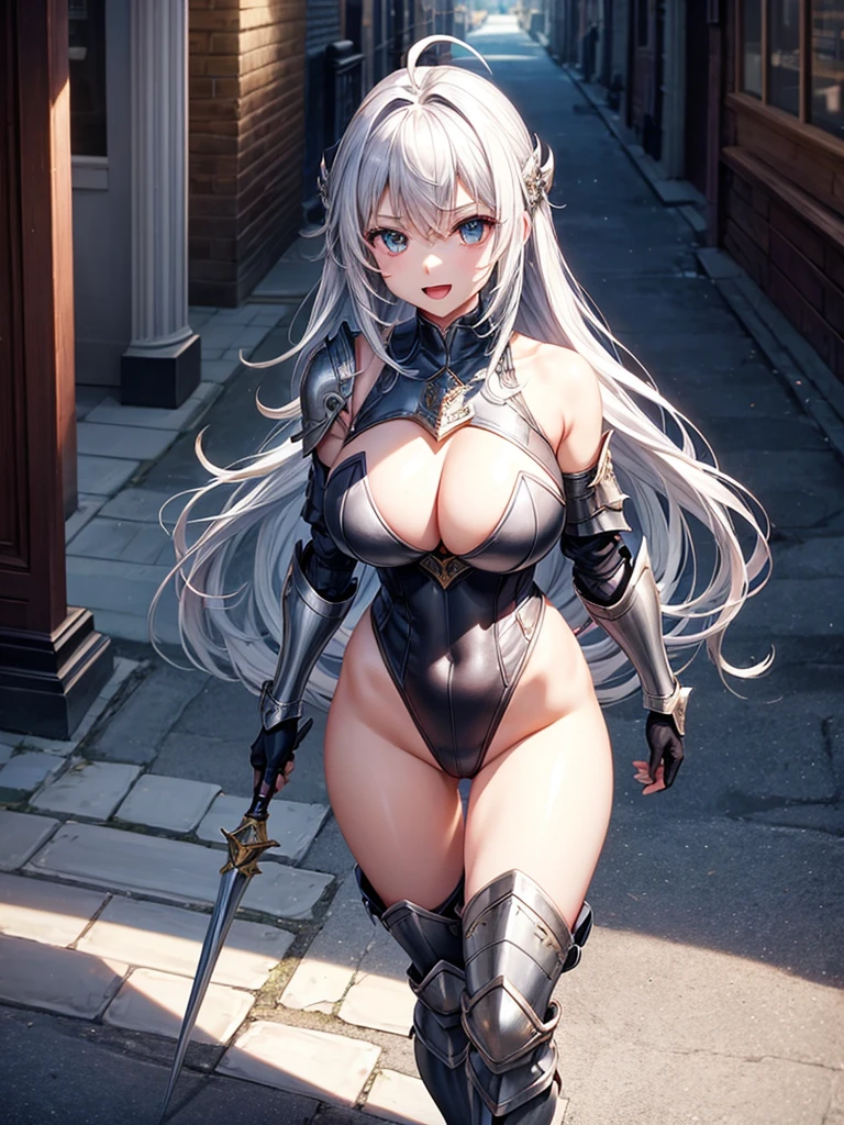 Woman knight、a beauty girl、huge tit、Excellent style、Nice Buddy、glamorous、leotard、s Armor、Shoulder rest armor、Bra chest armor、knee boots、gauntlets、hair adornments、silber hair、Longhaire、Ahoge、is standing、full body seen 、Medieval city、Walking、slightly open mouth、a smile、