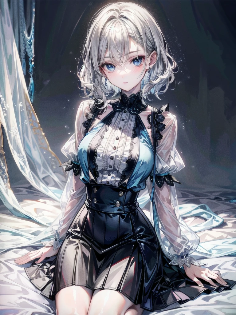 absurdres, RAW photo, extremely delicate and beautiful, masterpiece, Best Quality, ultra high resolution, 32k, hyperrealistic, ultra-detailed, detailed description, pale skin, 20 years old, delicate facial features, detailed beautiful face and eyes, tearful mole, earring, Colossal tits, short medium hair, wavy hair, (full body shot), halterneck blouse, skirt,