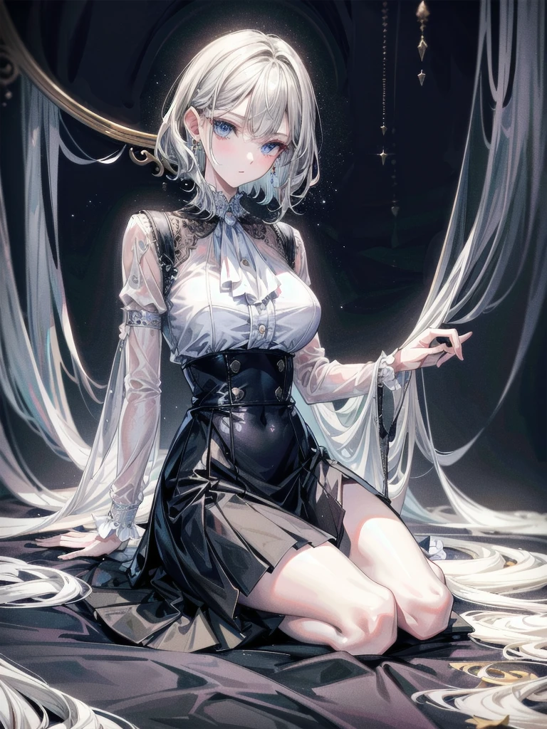 absurdres, RAW photo, extremely delicate and beautiful, masterpiece, Best Quality, ultra high resolution, 32k, hyperrealistic, ultra-detailed, detailed description, pale skin, 20 years old, delicate facial features, detailed beautiful face and eyes, tearful mole, earring, Colossal tits, short medium hair, wavy hair, (full body shot), halterneck blouse, skirt,